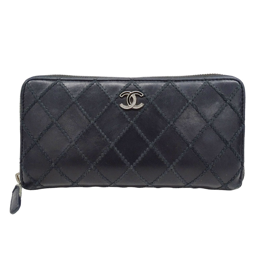 CHANEL シャネル 長財布 ワイルドステッチ ブラック シルバー金具 レザー レディース 【中古】