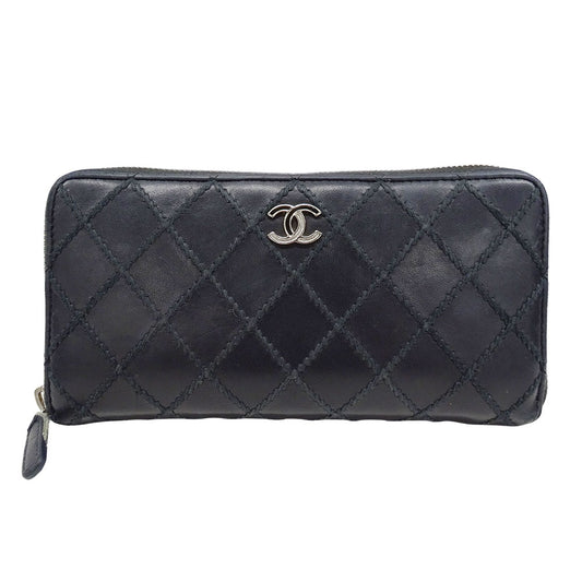 CHANEL シャネル 長財布 ワイルドステッチ ブラック シルバー金具 レザー レディース 【中古】