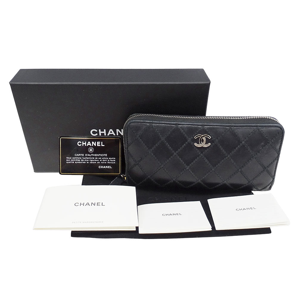 CHANEL シャネル 長財布 ワイルドステッチ ブラック シルバー金具 レザー レディース 【中古】