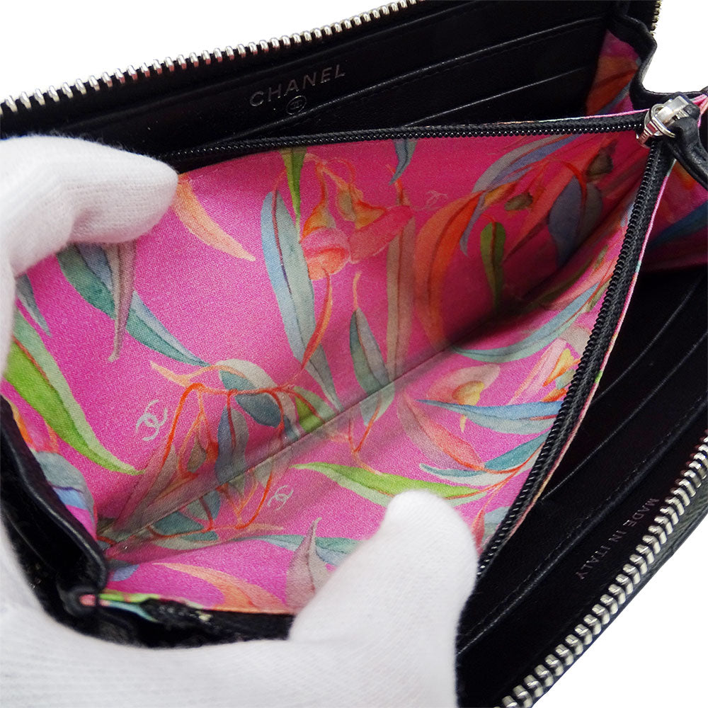 CHANEL シャネル 長財布 ワイルドステッチ ブラック シルバー金具 レザー レディース 【中古】