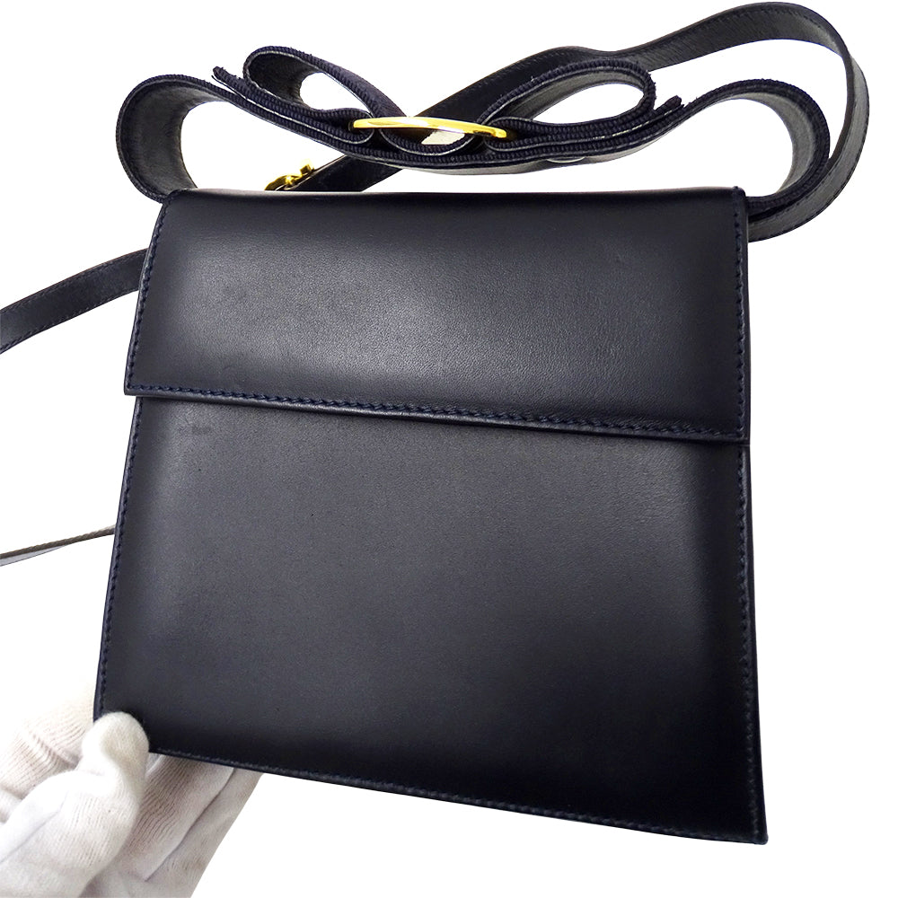 Ferragamo フェラガモ 2wayバッグ ヴァラリボン ネイビー レザー レディース 【中古】