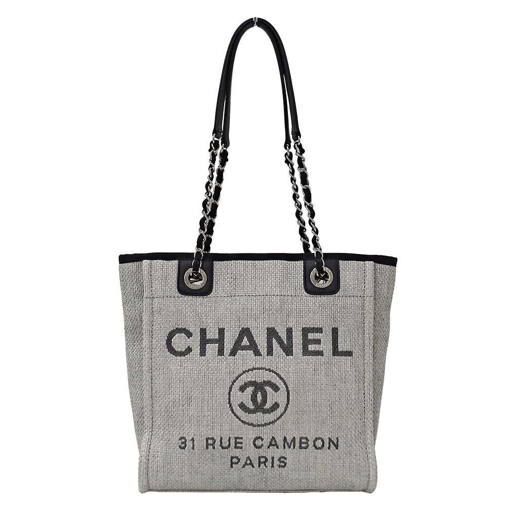 CHANEL シャネル トートバッグ ドーヴィル トートPM グレー シルバー金具 ラフィア レディース 【中古】