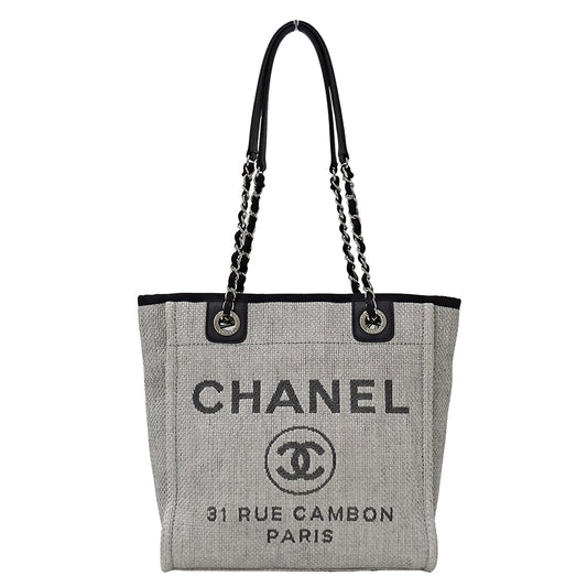 CHANEL シャネル トートバッグ ドーヴィル トートPM グレー シルバー金具 ラフィア レディース 【中古】