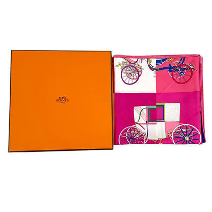 HERMES エルメス カレ90 Voitures Exquises 精巧な馬車 スカーフ ピンク マルチカラー シルク レディース 【中古】