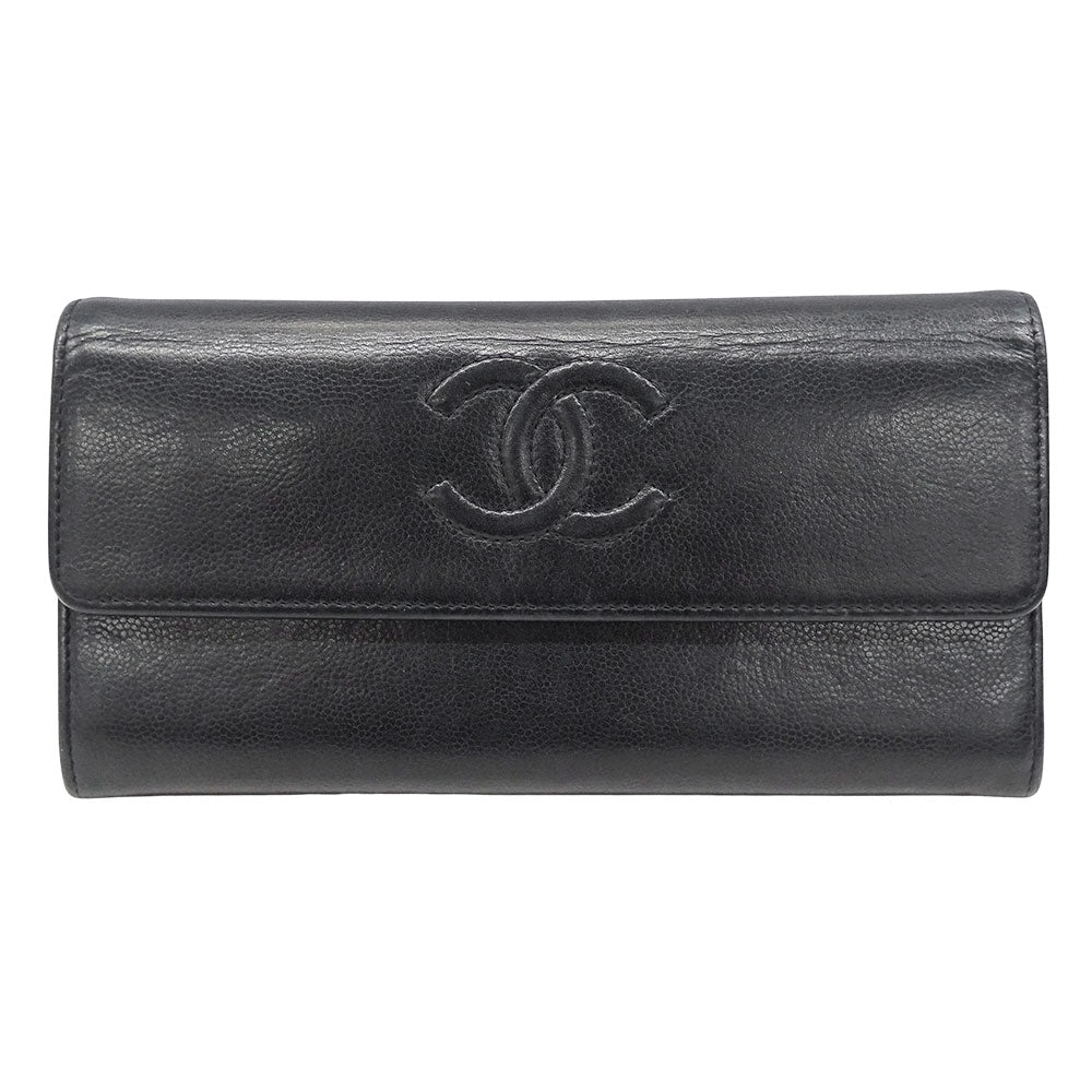 CHANEL シャネル 長財布 ブラック シルバー金具 レザー レディース 【中古】