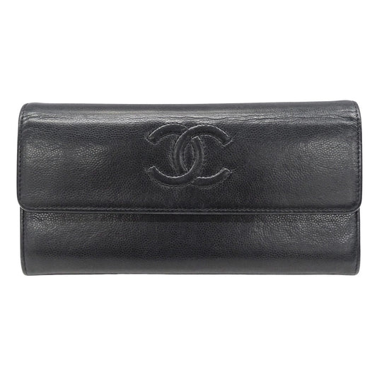CHANEL シャネル 長財布 ブラック シルバー金具 レザー レディース 【中古】