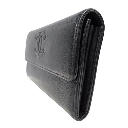 CHANEL シャネル 長財布 ブラック シルバー金具 レザー レディース 【中古】