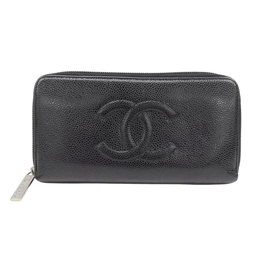 CHANEL シャネル 長財布 ブラック シルバ―金具 キャビアスキン レディース 【中古】