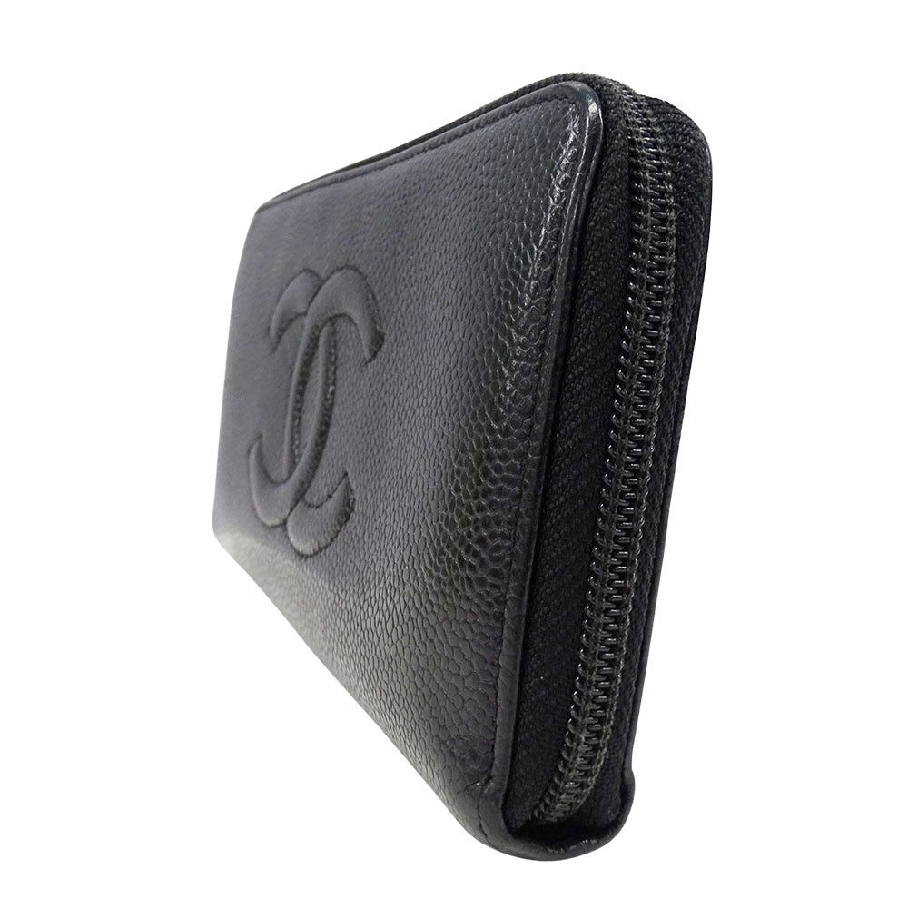CHANEL シャネル 長財布 ブラック シルバ―金具 キャビアスキン レディース 【中古】