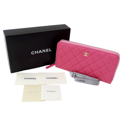 CHANEL シャネル 長財布 マトラッセ ピンク ゴールド金具 キャビアスキン レディース 【中古】