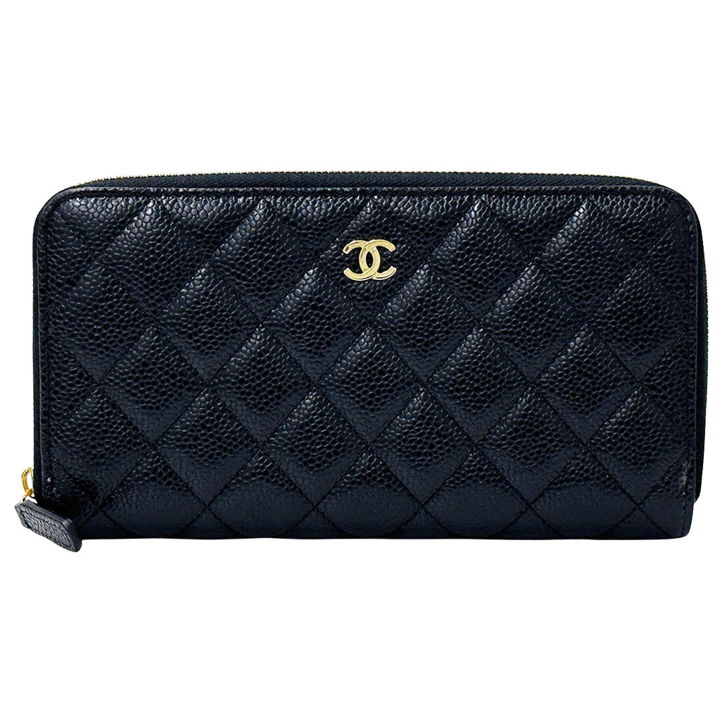 CHANEL シャネル 長財布 マトラッセ ブラック ゴールド金具 キャビアスキン レディース 【中古】