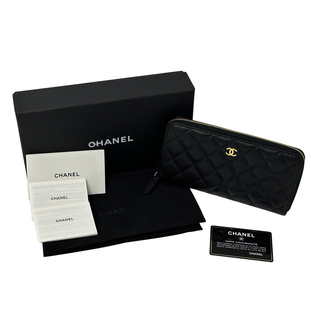 CHANEL シャネル 長財布 マトラッセ ブラック ゴールド金具 キャビアスキン レディース 【中古】