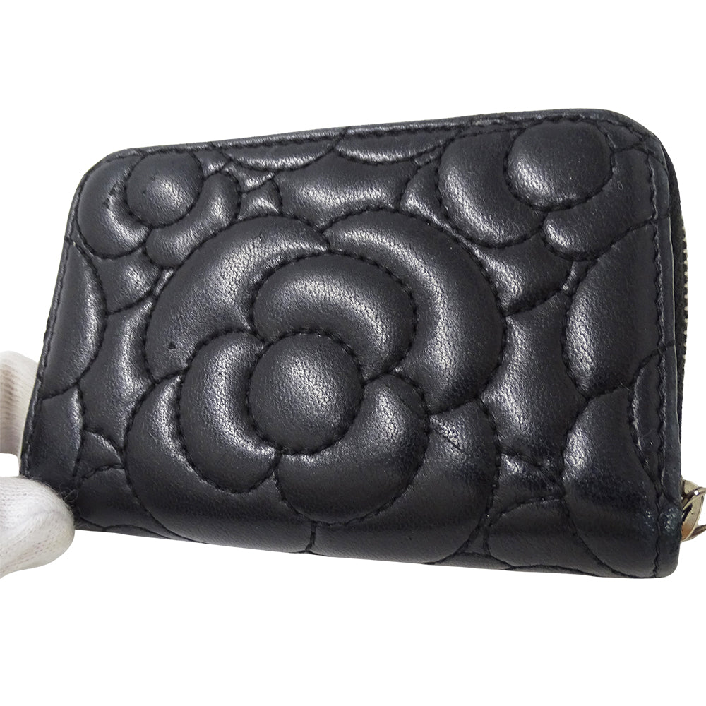 CHANEL シャネル コインケース カメリア ブラック シルバー金具 ラムスキン レディース 【中古】