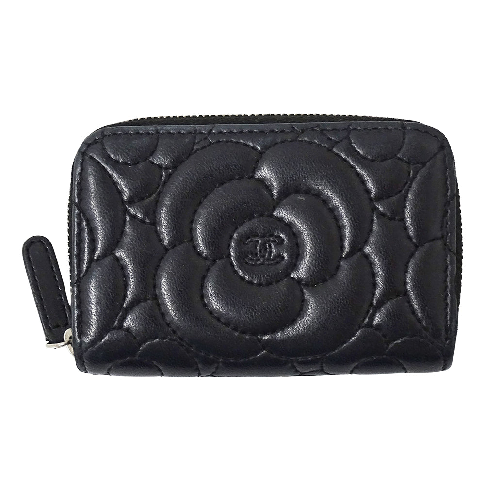 CHANEL シャネル コインケース カメリア ブラック シルバー金具 ラムスキン レディース 【中古】
