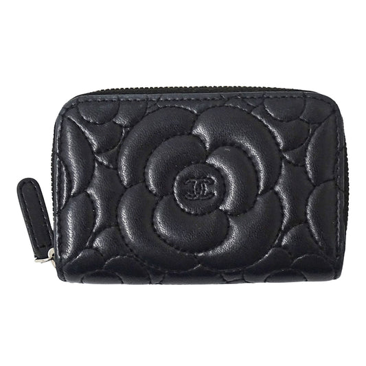 CHANEL シャネル コインケース カメリア ブラック シルバー金具 ラムスキン レディース 【中古】