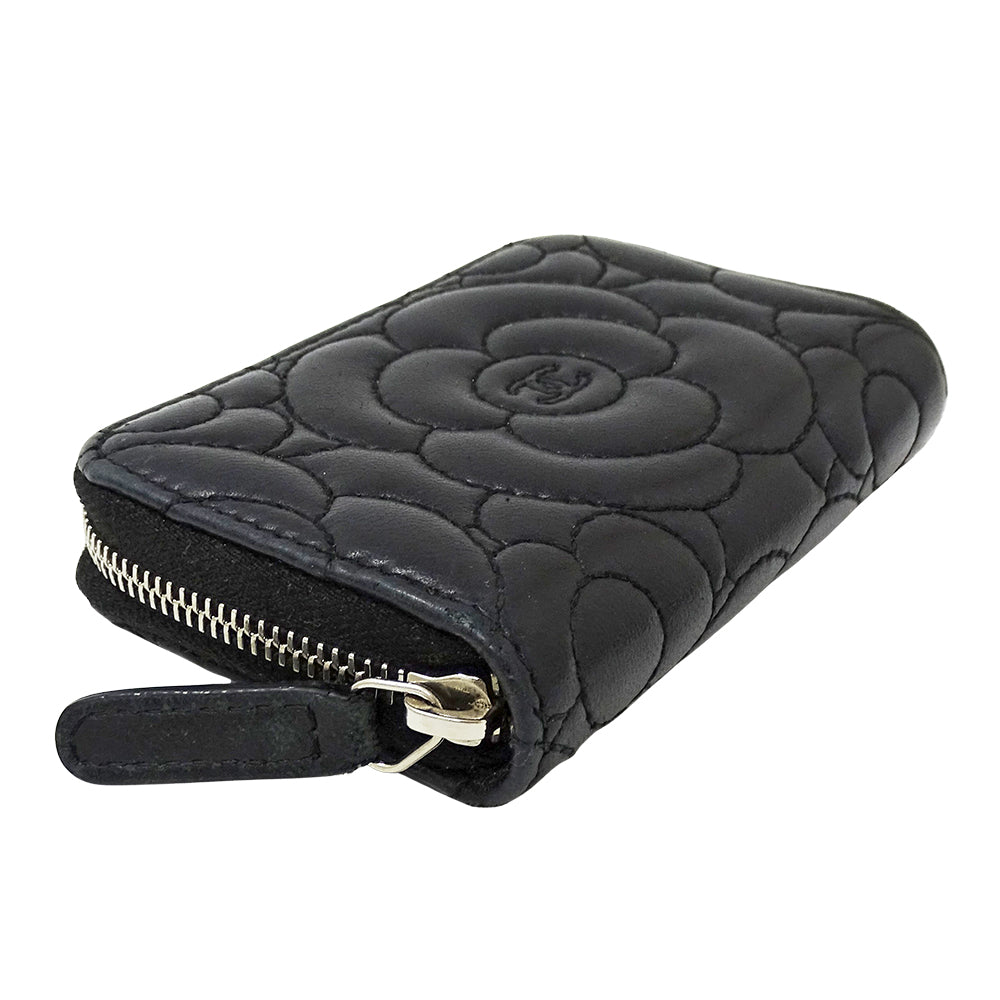 CHANEL シャネル コインケース カメリア ブラック シルバー金具 ラムスキン レディース 【中古】