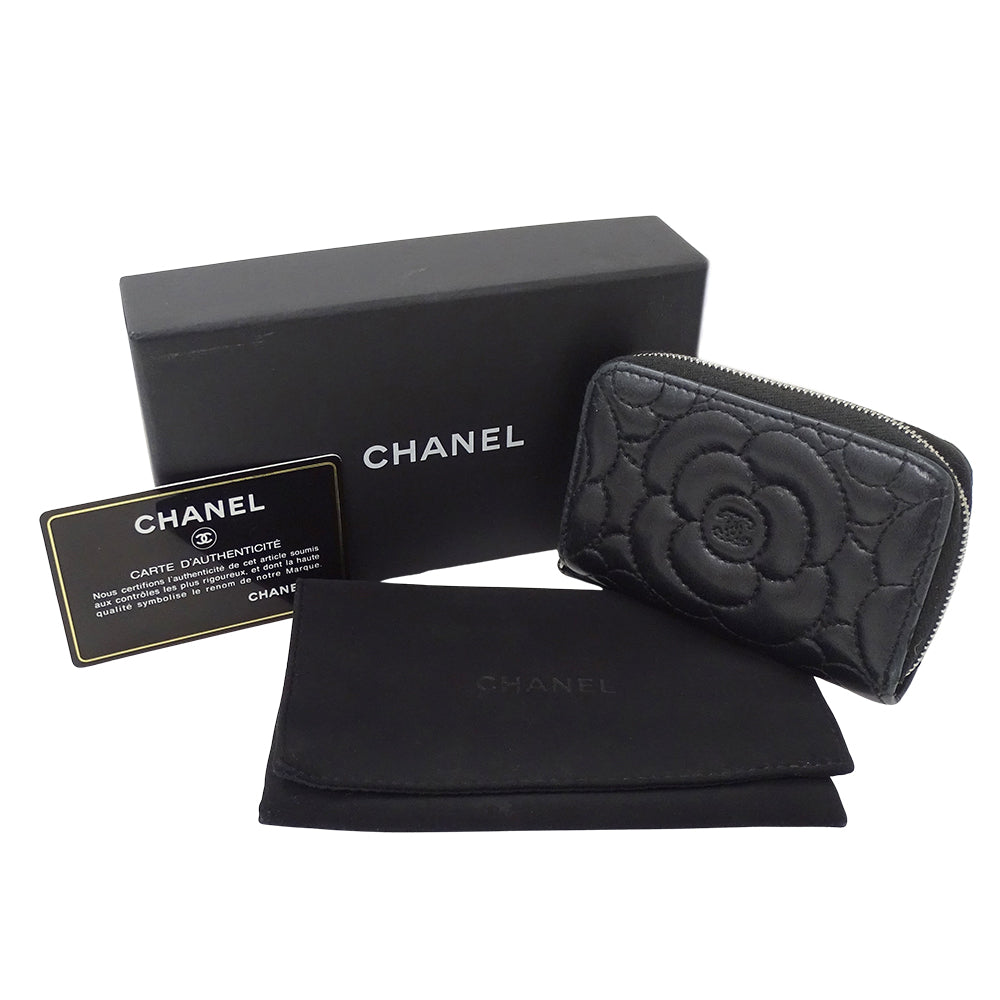 CHANEL シャネル コインケース カメリア ブラック シルバー金具 ラムスキン レディース 【中古】