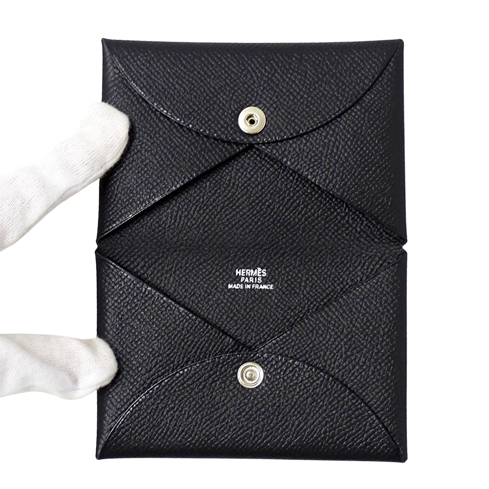 HERMES エルメス カルヴィ カードケース ブラック シルバー金具 ヴォーエプソン レディース メンズ □I刻印 【中古】