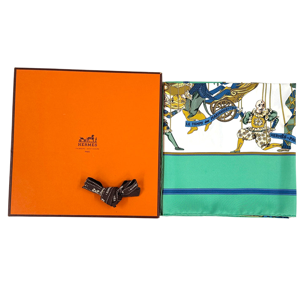 HERMES エルメス カレ90 LE TEMPS des MARIONNETTES マリオネットの時間 スカーフ グリーン マルチカラー シルク レディース 【中古】