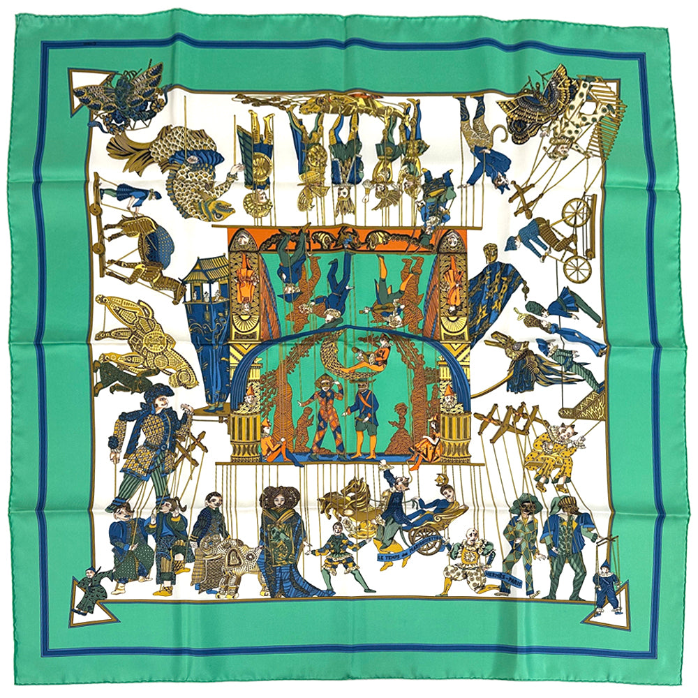HERMES エルメス カレ90 LE TEMPS des MARIONNETTES マリオネットの時間 スカーフ グリーン マルチカラー シルク レディース 【中古】