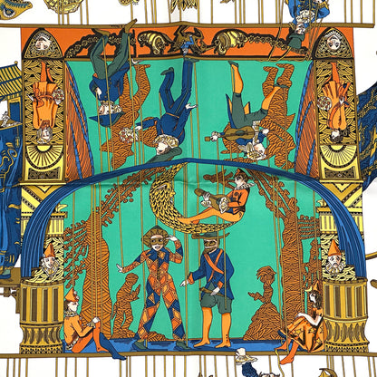 HERMES エルメス カレ90 LE TEMPS des MARIONNETTES マリオネットの時間 スカーフ グリーン マルチカラー シルク レディース 【中古】