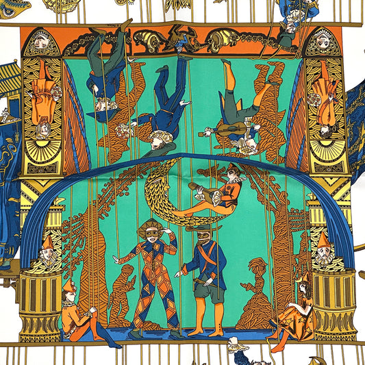 HERMES エルメス カレ90 LE TEMPS des MARIONNETTES マリオネットの時間 スカーフ グリーン マルチカラー シルク レディース 【中古】