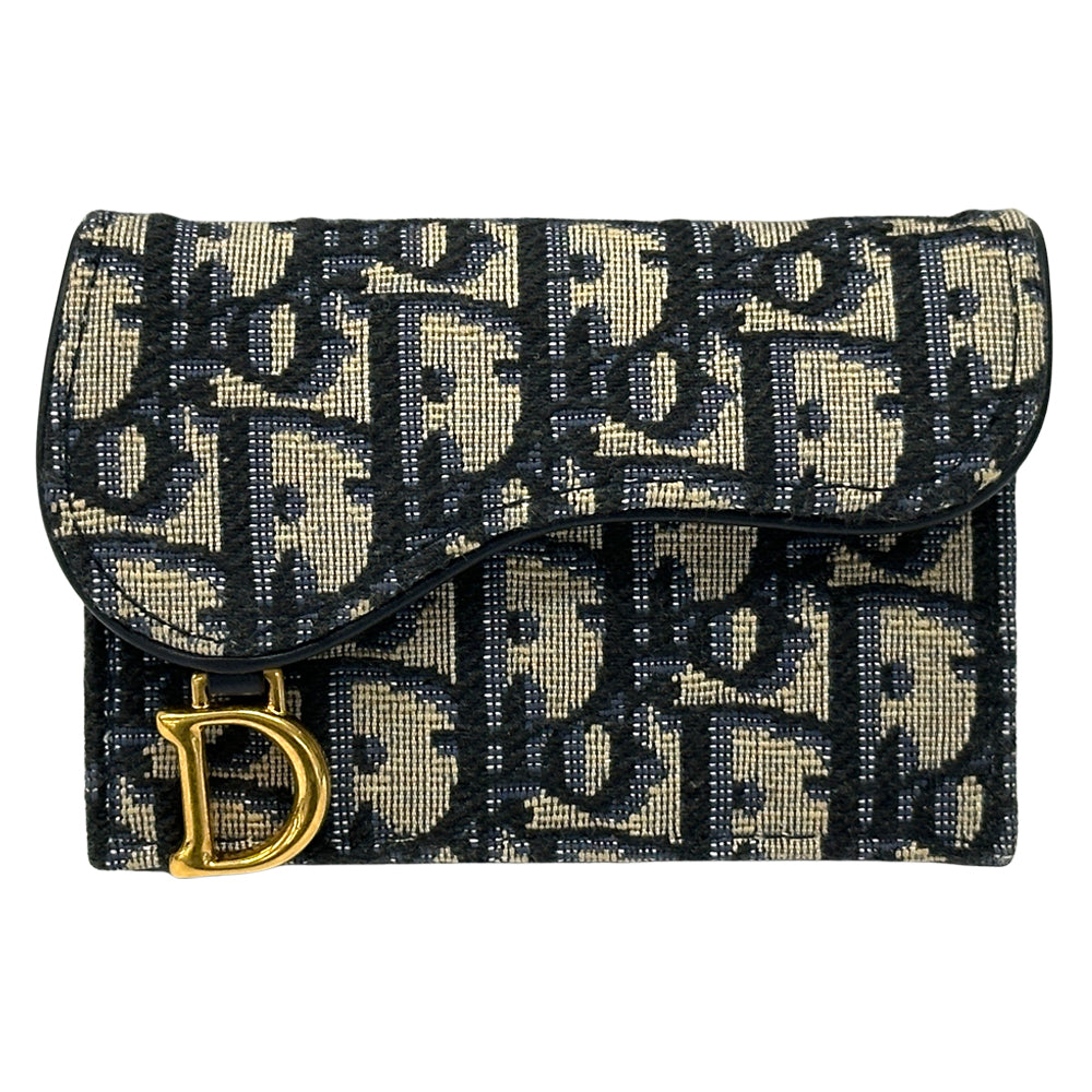 Dior ディオール サドル ブルーム カードホルダー カードケース オブリーク ジャカード ネイビー ベージュ キャンバス レディース メンズ 【中古】