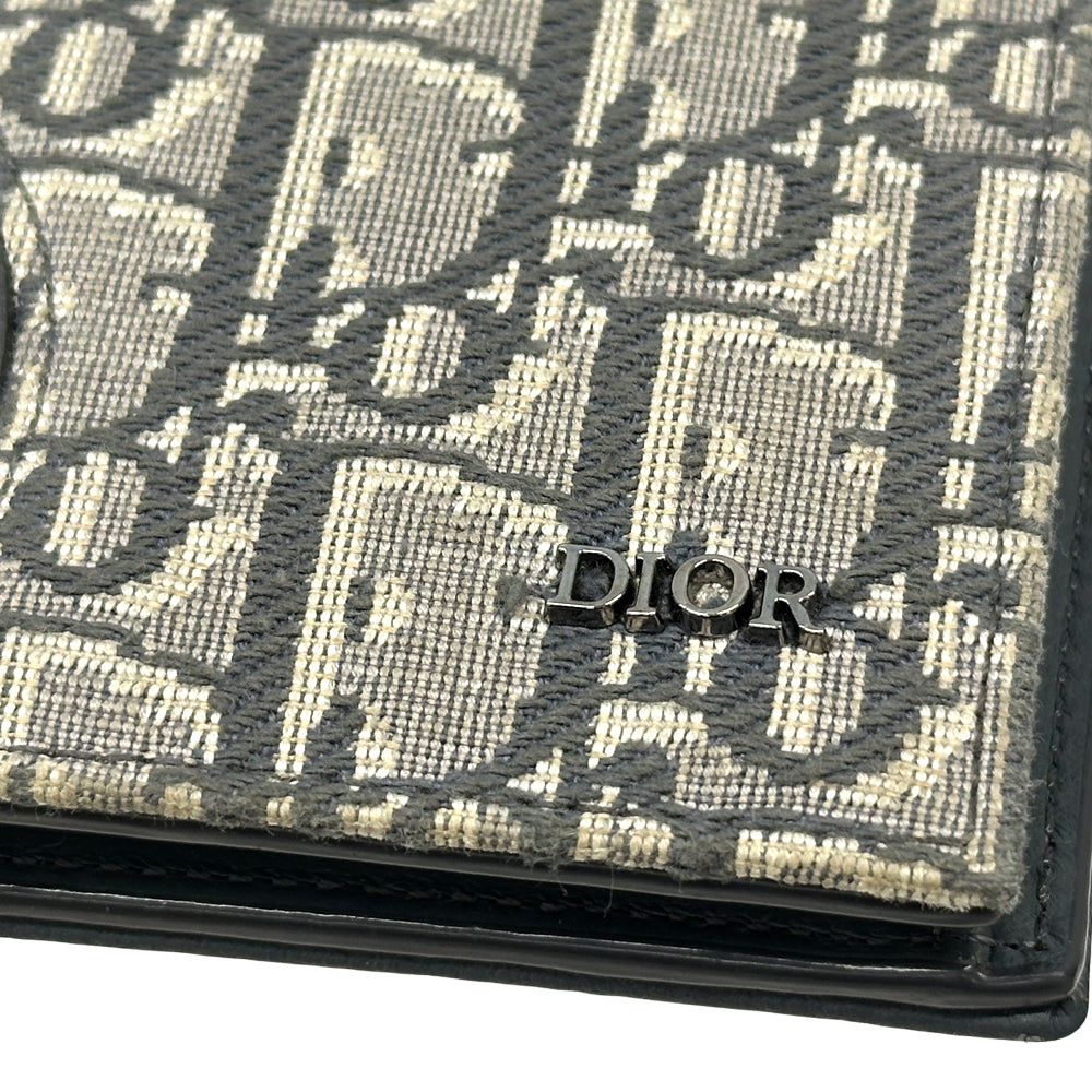 Dior ディオール 二つ折り財布 オブリーク サドル グレー ジャガード レザー レディース 【中古】