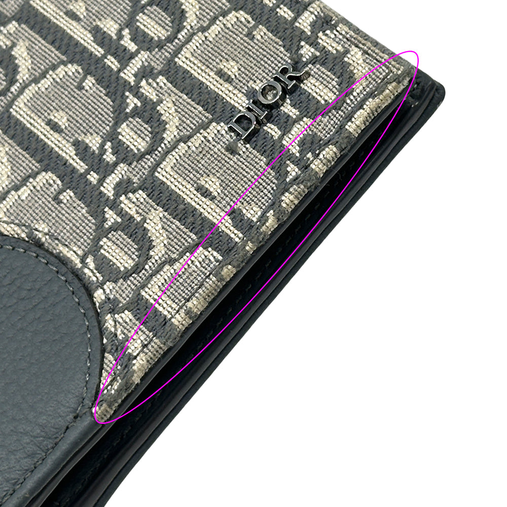 Dior ディオール 二つ折り財布 オブリーク サドル グレー ジャガード レザー レディース 【中古】
