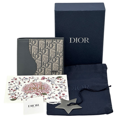 Dior ディオール 二つ折り財布 オブリーク サドル グレー ジャガード レザー レディース 【中古】