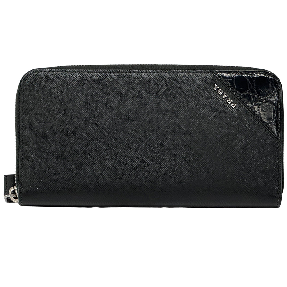 PRADA プラダ 長財布 ブラック サフィアーノ メンズ ラウンドファスナー 【中古】