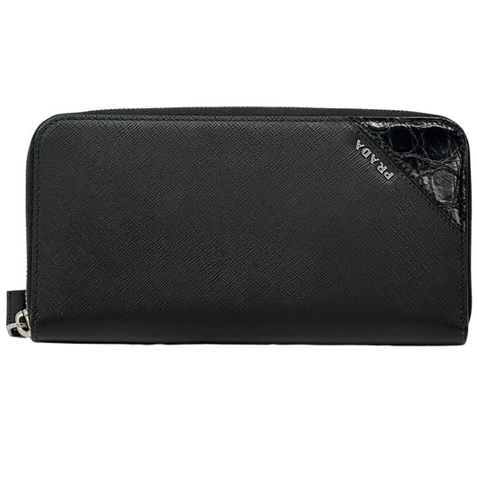 PRADA プラダ 長財布 ブラック サフィアーノ メンズ ラウンドファスナー 【中古】
