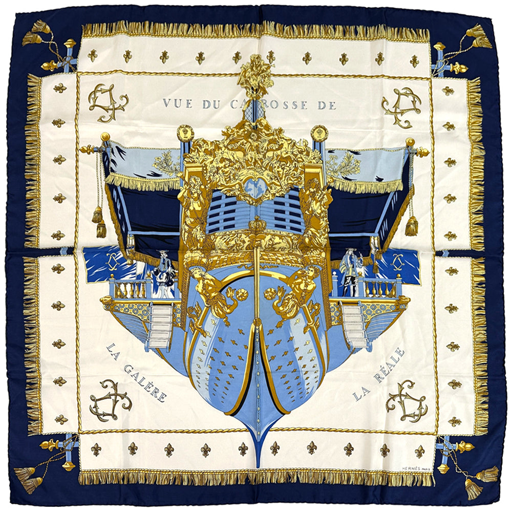 HERMES エルメス VUE DU CARROSSE DE LA GALERE LA REALE クイーンの戴冠式 スカーフ カレ90 ネイビー マルチカラー シルク レディース 【中古】