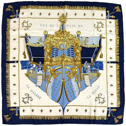 HERMES エルメス VUE DU CARROSSE DE LA GALERE LA REALE クイーンの戴冠式 スカーフ カレ90 ネイビー マルチカラー シルク レディース 【中古】