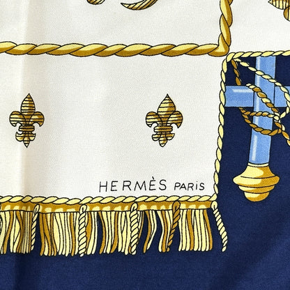 HERMES エルメス VUE DU CARROSSE DE LA GALERE LA REALE クイーンの戴冠式 スカーフ カレ90 ネイビー マルチカラー シルク レディース 【中古】