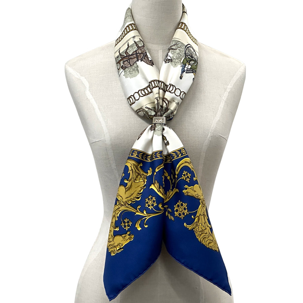 HERMES エルメス カレ90 LA PROMENADE DE LONGCHAMPS ロンシャンへの散歩 スカーフ ブルー マルチカラー シルク レディース 【中古】