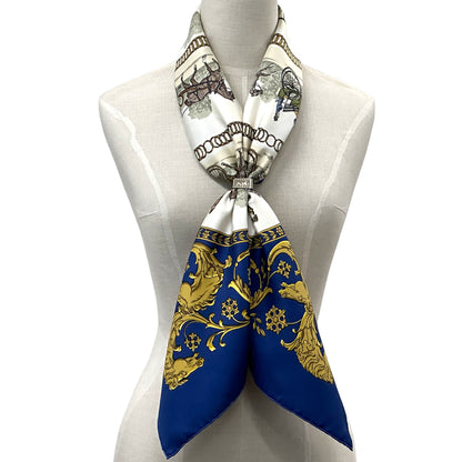 HERMES エルメス カレ90 LA PROMENADE DE LONGCHAMPS ロンシャンへの散歩 スカーフ ブルー マルチカラー シルク レディース 【中古】