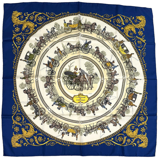 HERMES エルメス カレ90 LA PROMENADE DE LONGCHAMPS ロンシャンへの散歩 スカーフ ブルー マルチカラー シルク レディース 【中古】