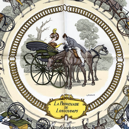 HERMES エルメス カレ90 LA PROMENADE DE LONGCHAMPS ロンシャンへの散歩 スカーフ ブルー マルチカラー シルク レディース 【中古】