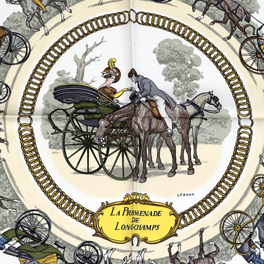 HERMES エルメス カレ90 LA PROMENADE DE LONGCHAMPS ロンシャンへの散歩 スカーフ ブルー マルチカラー シルク レディース 【中古】