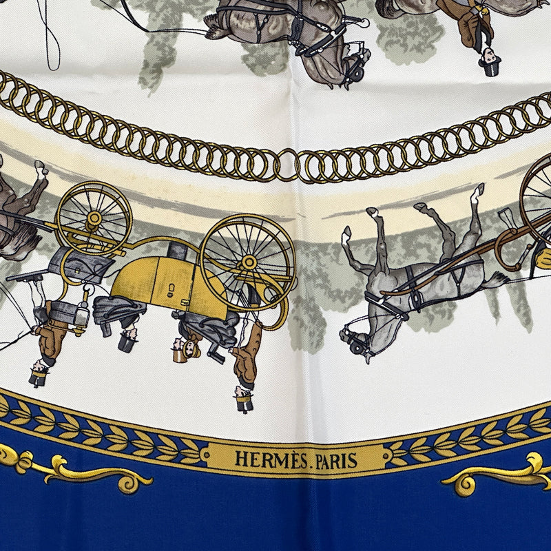 HERMES エルメス カレ90 LA PROMENADE DE LONGCHAMPS ロンシャンへの散歩 スカーフ ブルー マルチカラー シルク レディース 【中古】