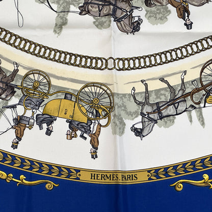 HERMES エルメス カレ90 LA PROMENADE DE LONGCHAMPS ロンシャンへの散歩 スカーフ ブルー マルチカラー シルク レディース 【中古】