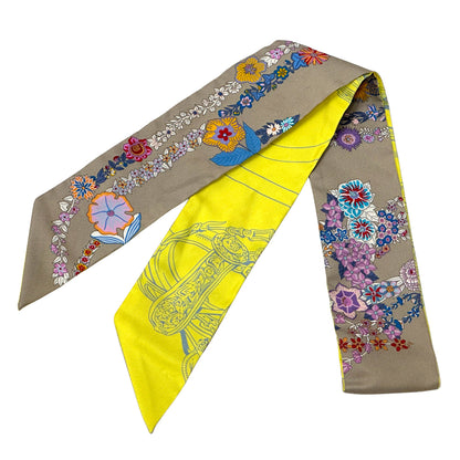 HERMES エルメス ツイリー Brides de Gala en fleurs 花咲く式典用馬勒 スカーフ グレー イエロー シルク レディース 【中古】