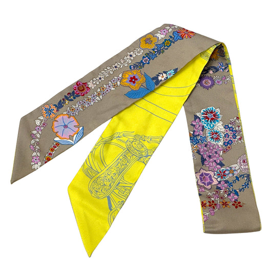 HERMES エルメス ツイリー Brides de Gala en fleurs 花咲く式典用馬勒 スカーフ グレー イエロー シルク レディース 【中古】