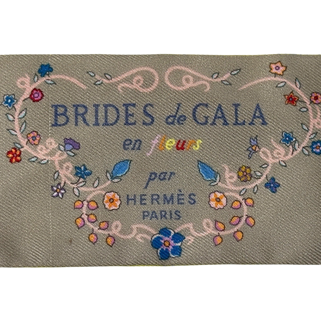 HERMES エルメス ツイリー Brides de Gala en fleurs 花咲く式典用馬勒 スカーフ グレー イエロー シルク レディース 【中古】