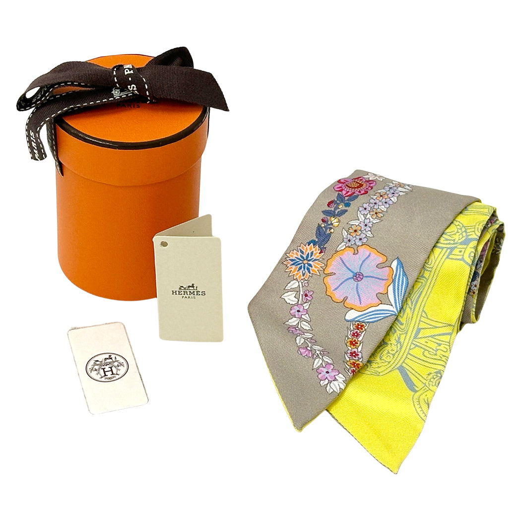 HERMES エルメス ツイリー Brides de Gala en fleurs 花咲く式典用馬勒 スカーフ グレー イエロー シルク レディース 【中古】