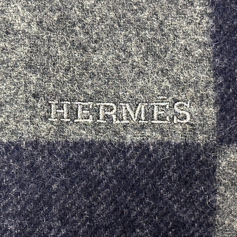 HERMES エルメス マフラー・ストール Hパッサン ネイビー グレー カシミヤ メンズ 【中古】