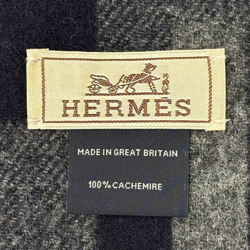 HERMES エルメス マフラー・ストール Hパッサン ネイビー グレー カシミヤ メンズ 【中古】