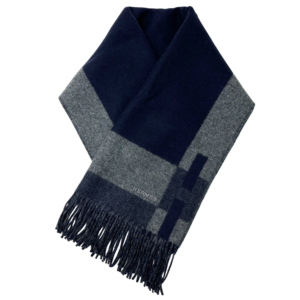 HERMES エルメス マフラー・ストール Hパッサン ネイビー グレー カシミヤ メンズ 【中古】