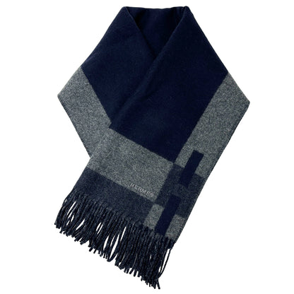 HERMES エルメス マフラー・ストール Hパッサン ネイビー グレー カシミヤ メンズ 【中古】